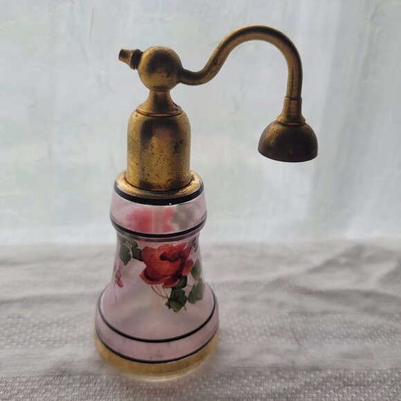 Vintage Glass Perfume Atomizer With Brass Nozzle & Floral Design - Picture 3 of 6